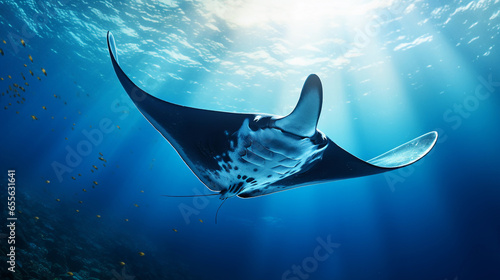 A stunning image of a graceful manta ray gliding through the ocean depths with space for text. AI generated
