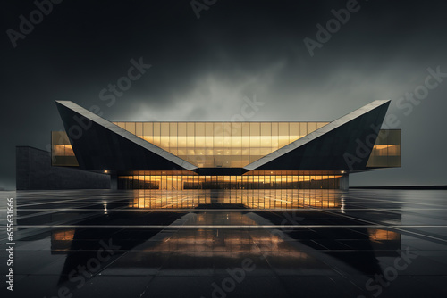 Dark wall and orange glass windows abstract polygon shape building exterior