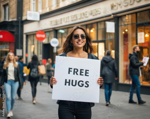 young beautiful woman with long hair wearing sunglasses giving free hugs in the streets of the city among the crowd