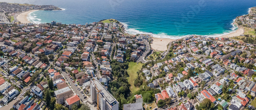 Panoramic aerial drone view of the beachside suburbs of Bronte, Tamarama and Bondi, looking in the east direction in Sydney, NSW Australia on a sunny morning 