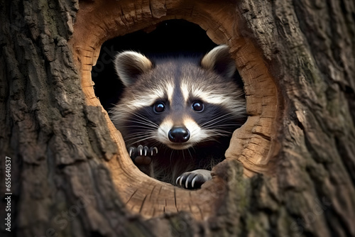 Raccoon is in a tree hole photography style Made with Generative AI