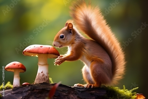 squirrel standing on mushroom photography style Made with Generative AI