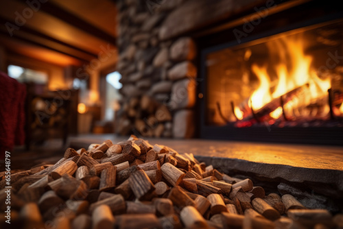 Low angle view with dark lighting of biomass pellets in front of fireplace in background of lodge. Travel concept of vacation and holiday.