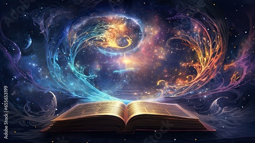Open magic book with galaxy milky way stars other dimension cloud space fantasy