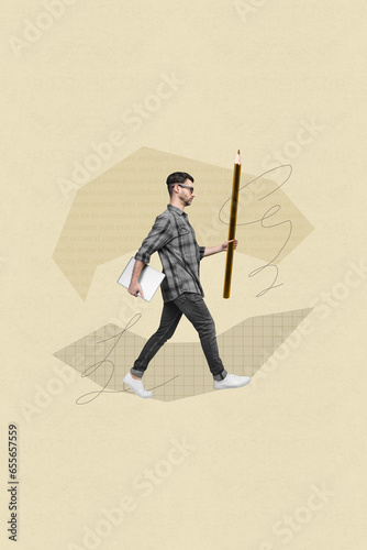 Image collage of handsome intelligent man going to work carrying huge pen isolated on drawing beige color background