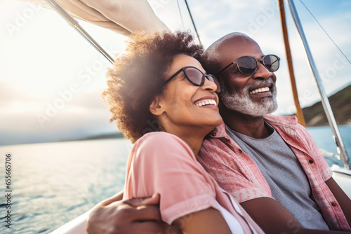 An elderly black couple sits in a boat or yacht against the backdrop of the sea. Happy and smiling people. A trip on a sailing yacht. Sea voyage, active recreation. Love and romance of older people