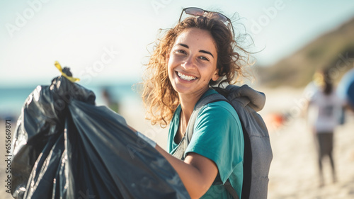 Portrait close up smiling volunteer woman collecting trash on the beach. Environmental conservation coastal zone cleaning. Ecology concept. 