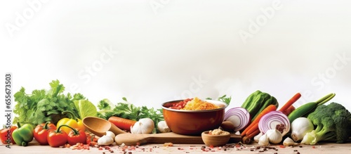 Vegetarian cooking with chopped vegetables pot and spoon on a wooden table with copyspace for text