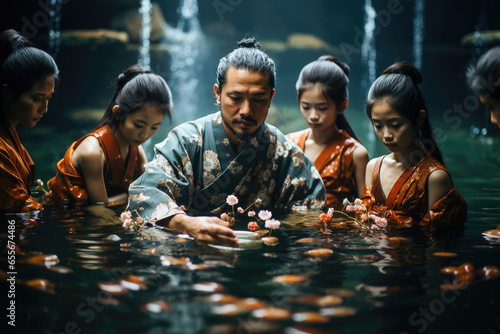 Traditional Japanese tea ceremony taking place underwater, featuring participants in elegant kimonos.