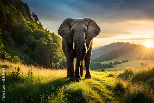 Forest elephant sun rays nature photography picture photo artwork design illustration model animal in the wild forest the king of the hills in the jungle, and blue sky in the background