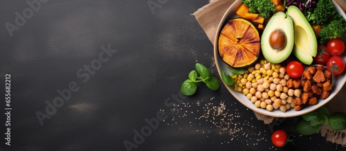 Veggie packed vegan lunch bowl featuring avocado quinoa sweet potato tomato spinach and chickpeas viewed from above with copyspace for text