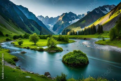 A captivating scene unfolds, featuring a vibrant green valley adorned with a forest and a meandering stream of water.