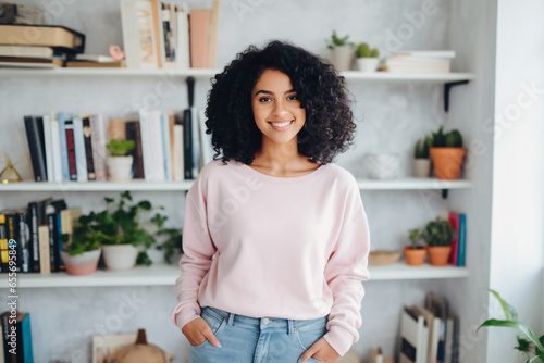 A beautiful biracial model woman smiling and standing in front of white shelves full of books and plants, black curly hair in light pink long sleeve sweatshirt with blue jean teen