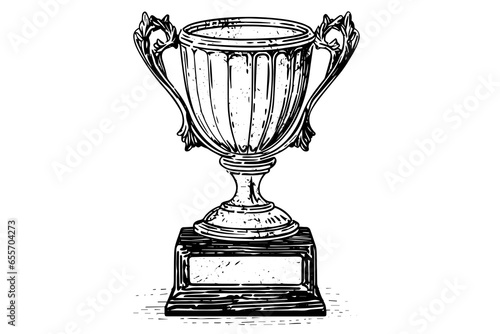 Winner trophy cup hand drawn ink sketch. Engraved style vintage illustration