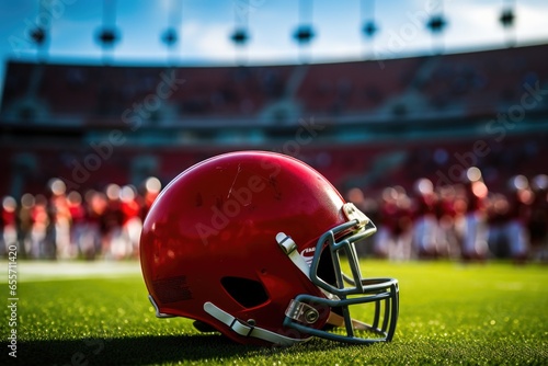 A red football helmet placed on a green turf field