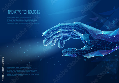Hand in technological low poly style. Artificial intelligence or robotics concept. Polygonal human hand. Digital innovative business. Wireframe vector illustration.