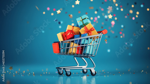 Shopping cart full of colorful gift boxes on the blue background