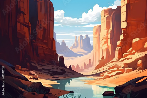 a desert view of a canyon with high cliffs and a lake in the middle Made with Generative AI