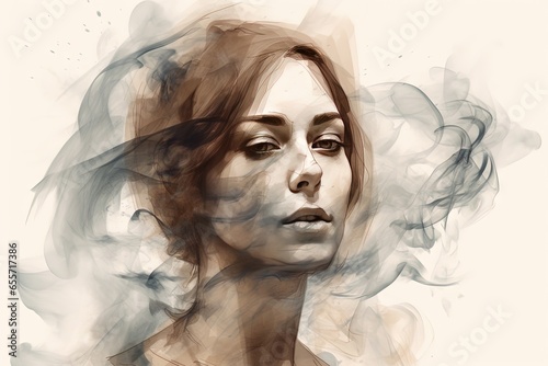 Watercolor sketch woman portrait with smoke background