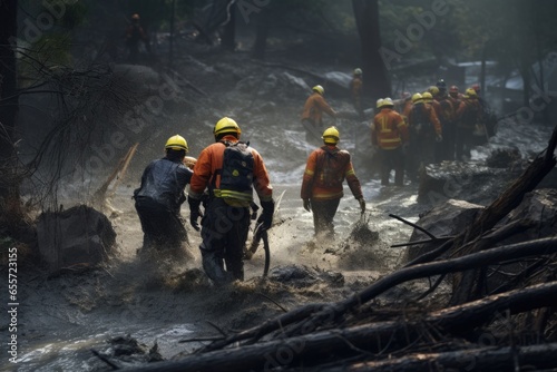 A group of firefighters walking through a muddy area. This image can be used to depict teamwork, emergency response, or natural disaster scenarios.