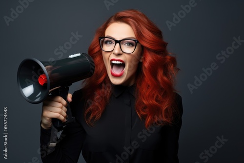 Young shocked excited happy woman wear casual clothes hold in hand megaphone scream announces discounts sale Hurry up isolated on black background studio portrait.