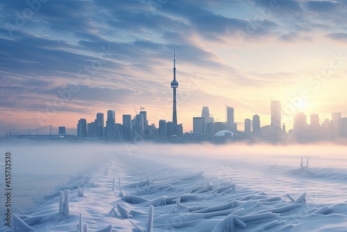 The city skyline gradually cloaked in a pristine white blanket of snow, as dawn breaks on a serene winter morning - Generative AI