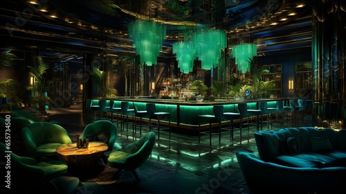 Luxury Nightspot and Restaurant with Striking green Interior. Upscale Lounge Bar