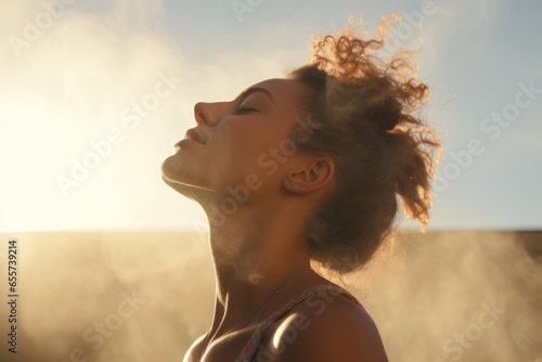 Mujer respirando con tranquilidad al amanecer. Concepto de salud mental. 