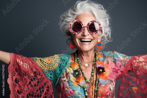 close up portrait of happy senior elderly woman wearing fancy colorful crochet boho outfit, happy Silver Gen retire concept, youthful lifestyle, Generative Ai