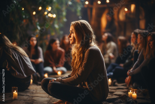 A person engaged in a support group meeting for individuals dealing with addiction