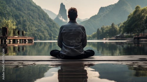 Focused businessman practicing mindfulness and meditation in a serene, zen natural environment. Surrounded by lush greenery with sense of peace and tranquility. Mental growth and personal wellness.