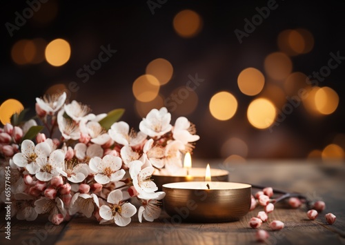 Burning candles and spring flowers on wooden table against blurred lights background
