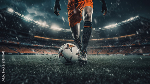 Generative AI, football boot kicking a soccer ball, goal moment on the stadium 