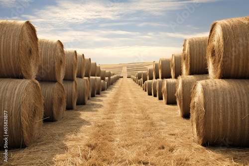 path through large stacks of hay bales in rolling hills countryside
