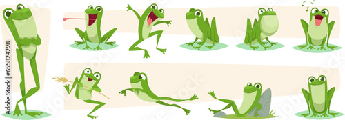 Cartoon frog. Lizards and frog funny action poses exact vector characters isolated