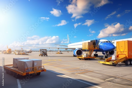 Airplane loading cargo on runway with shipping packages, freight containers, and blue sky background. Airport overview with cargo planes. Generative AI