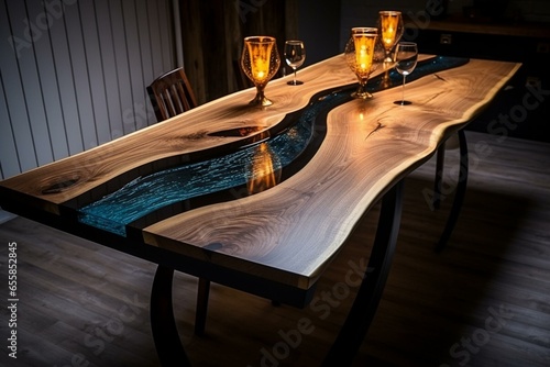 Kitchen table crafted from oak and coated in epoxy resin. Generative AI
