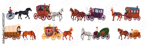 Horse vehicles. Ancient trip wagon victorian carriage, wagoneer chariot or working rustic horses cart, wedding royal stagecoach old historic vehicle, ingenious vector illustration