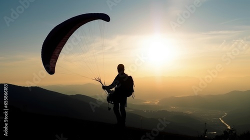 A Man Preparing for Paragliding. Silhouette Photo of a Paraglider. Generative AI