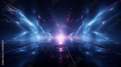 Empty background scene. Dark street, reflection of blue and pink neon light on wet pavement. Rays of light in the dark, smoke. Night view of the city. Abstract dark background. 3d illustration