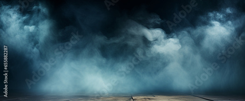 Background of an empty room with smoke and neon light. Dark abstract background