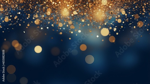 Abstract glitter lights background in blue, gold and black colors. Blurred bokeh effect. Elegant and festive design for banner, poster, invitation, card or wallpaper.