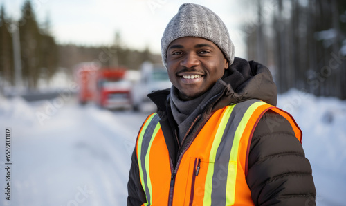 Portrait of smiling African American man wearing safety vest and winter clothes, looking at camera