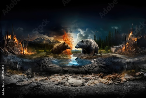 Deux ours dans un environnement hostile, feu de forêt, concept de réchauffement et dérèglement climatique. 