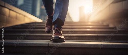 Close-up of a businessman's shoes sprinting up the stairs