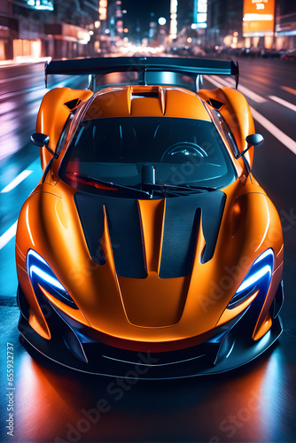 orange sports fast racing car rushes through the night city