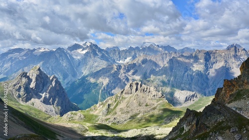 View of the peaks of the Parc National des Ecrins from the col des Béraudes in the French Alps