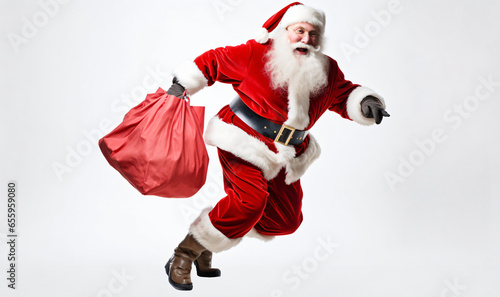 Santa Claus with huge bag, on the run, to delivery christmas gifts isolated on white background