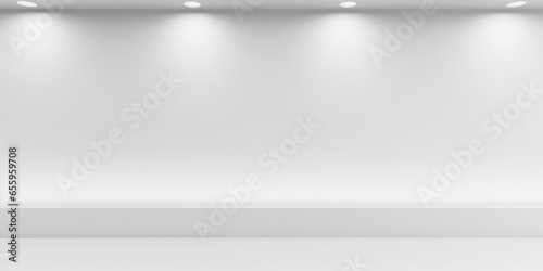 Empty white abstract studio room background with spotlights, product placement or modern minimal backdrop template, Generative AI