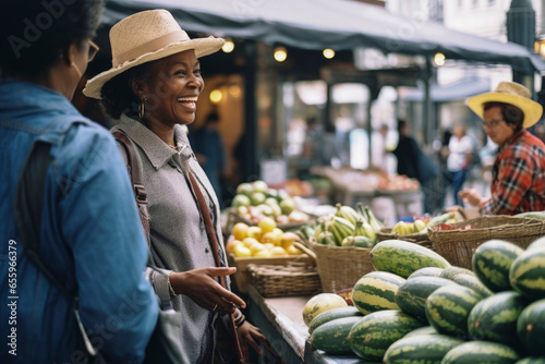 Generative AI illustration of happy black woman shopping at a street market